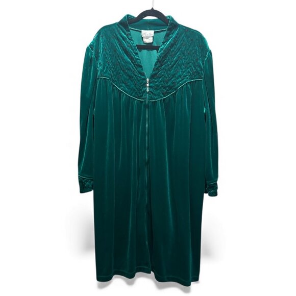 Vintage Jade Green Velvet Zip Robe Black Floral Embroidery Dark Fairy L Witchy - Picture 1 of 8